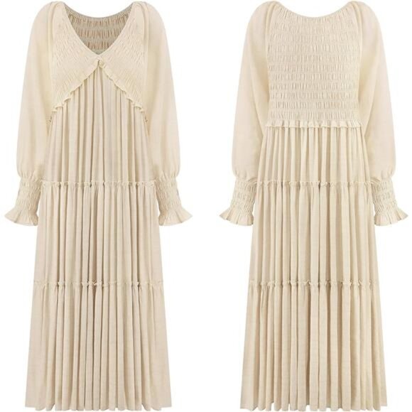 Maxi Dress for Women Long Sleeve V Neck Empire Waist Layered Ruffle - Picture 6 of 7